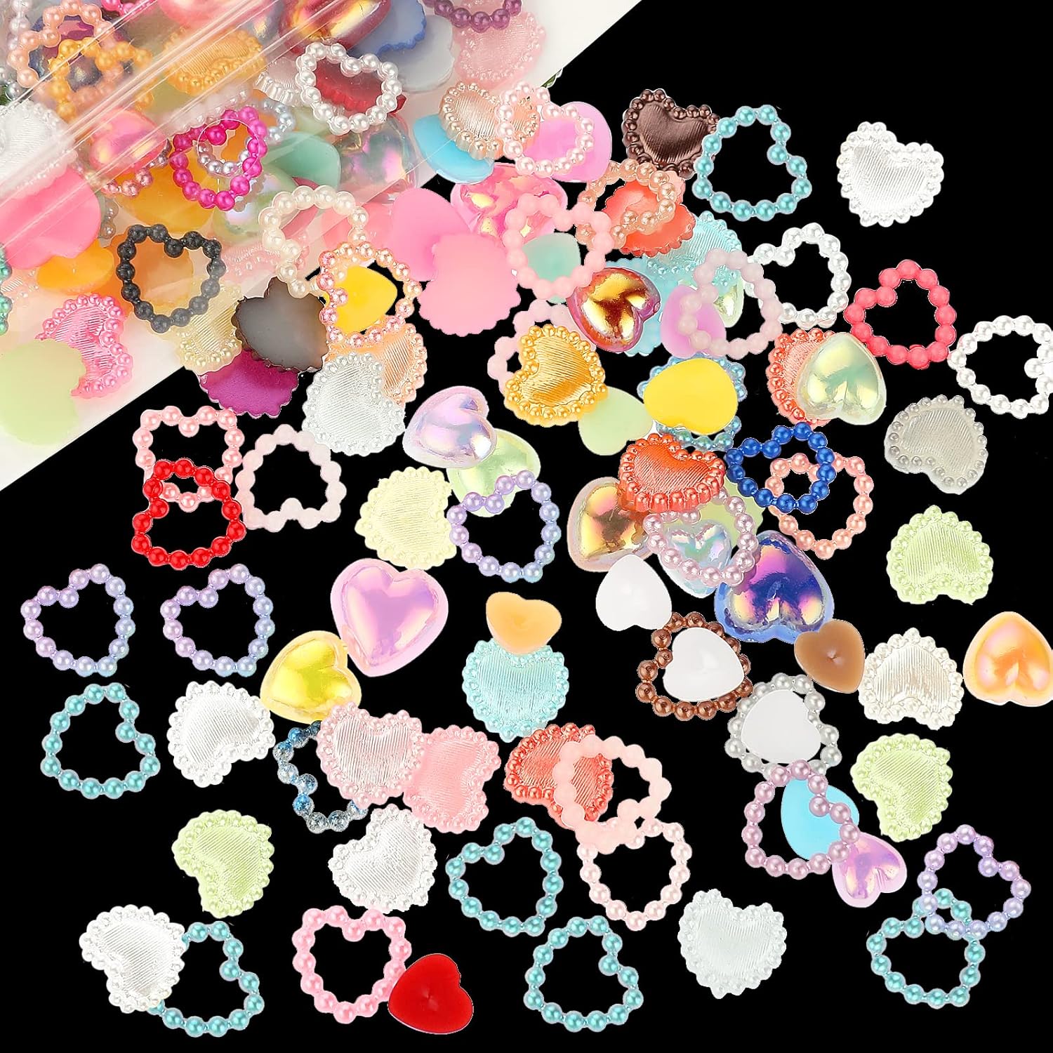 Lusofie 500Pcs Color Pearls Heart Nail Charms, 3D Nail Charms Pearls