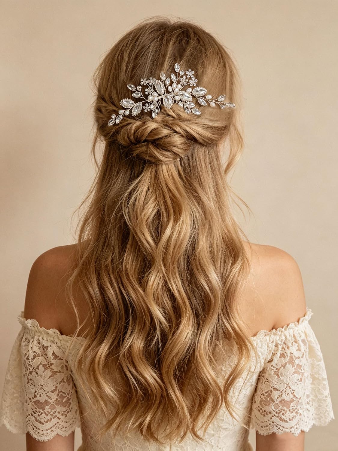 Bridal Hair Comb, Silver, Crystal Rhinestone and Faux Pearl, Floral Style, for Weddings, Prom, and Formal Events