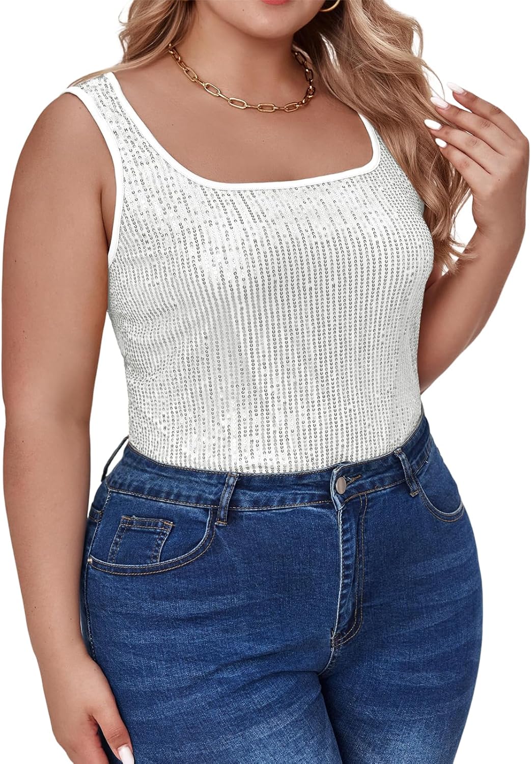 Beautife Womens Plus Size Sequin Tank Tops Sleeveless Square Neck Sparkly Club Party Shirt - Image 5