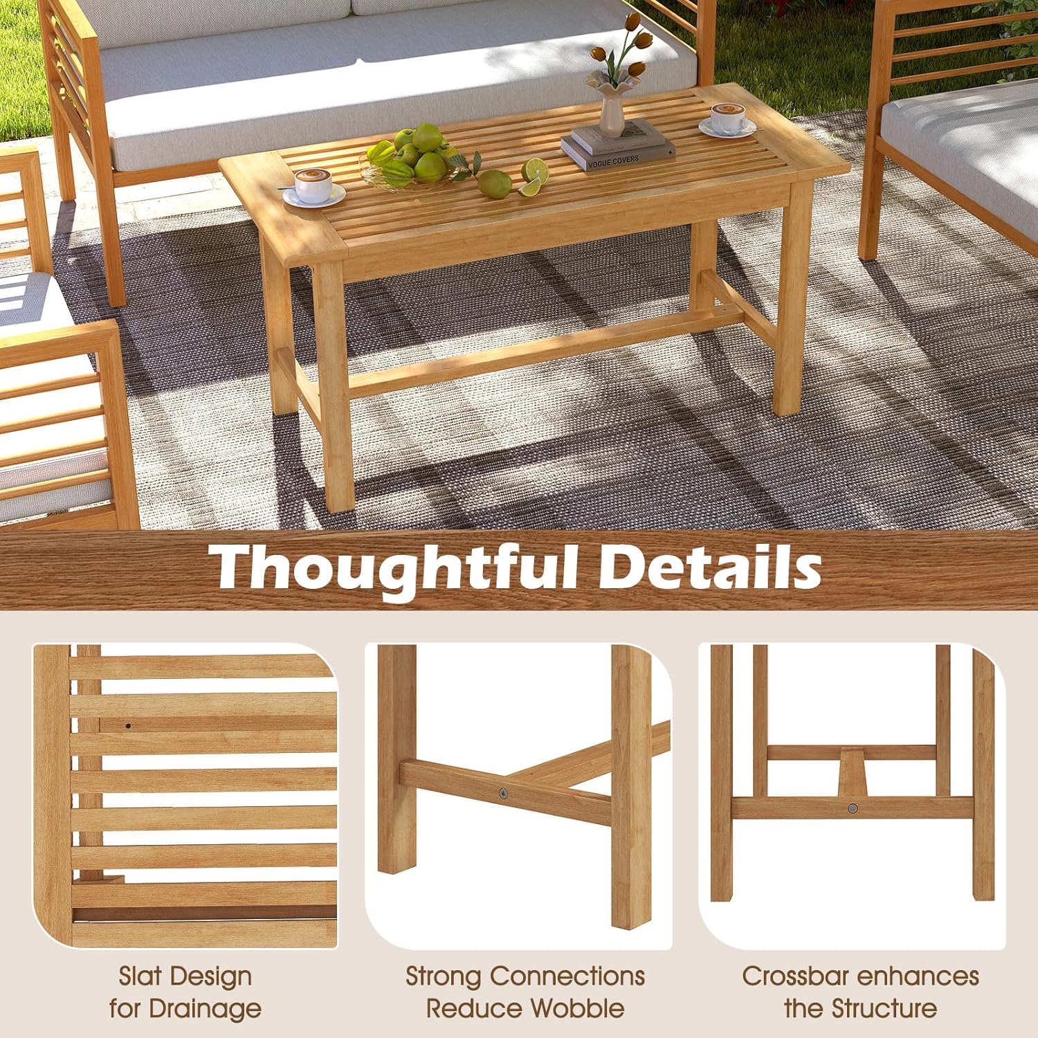 Tangkula 36” Patio Coffee Table, Solid Wood Coffee Table with Slatted Tabletop, Outdoor Rectangular Side Table, Solid Teak Wood Cocktail Tea Table, Home Accent Table for Poolside, Backyard, Garden