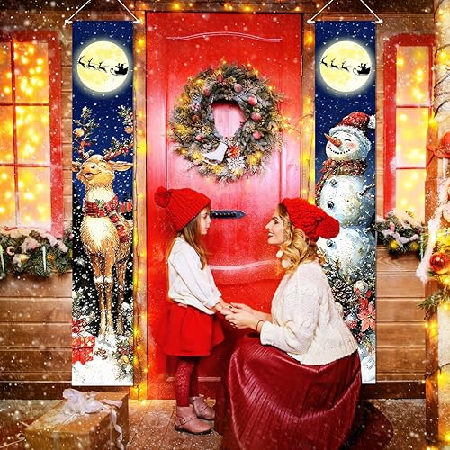 Miniatura 6 de Decoración retro de Navidad con texto en inglés «Merry Christmas» para puerta, muñeco de nieve azul, reno, luna, patio, porche, decoración navideña