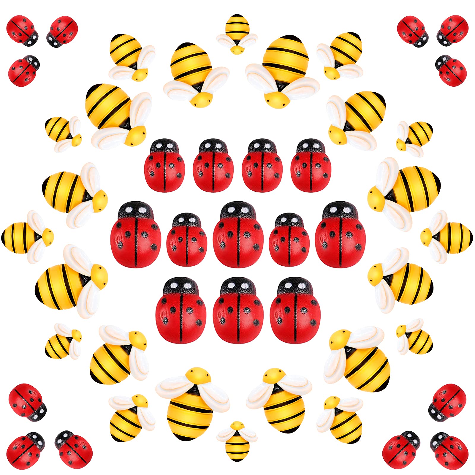 GUBCUB 48 Pieces Resin Bees Decor and Wooden Ladybugs Embellishments Assorted Sizes for DIY Crafts/Home Decor/Scrapbooking/Plant Ornaments