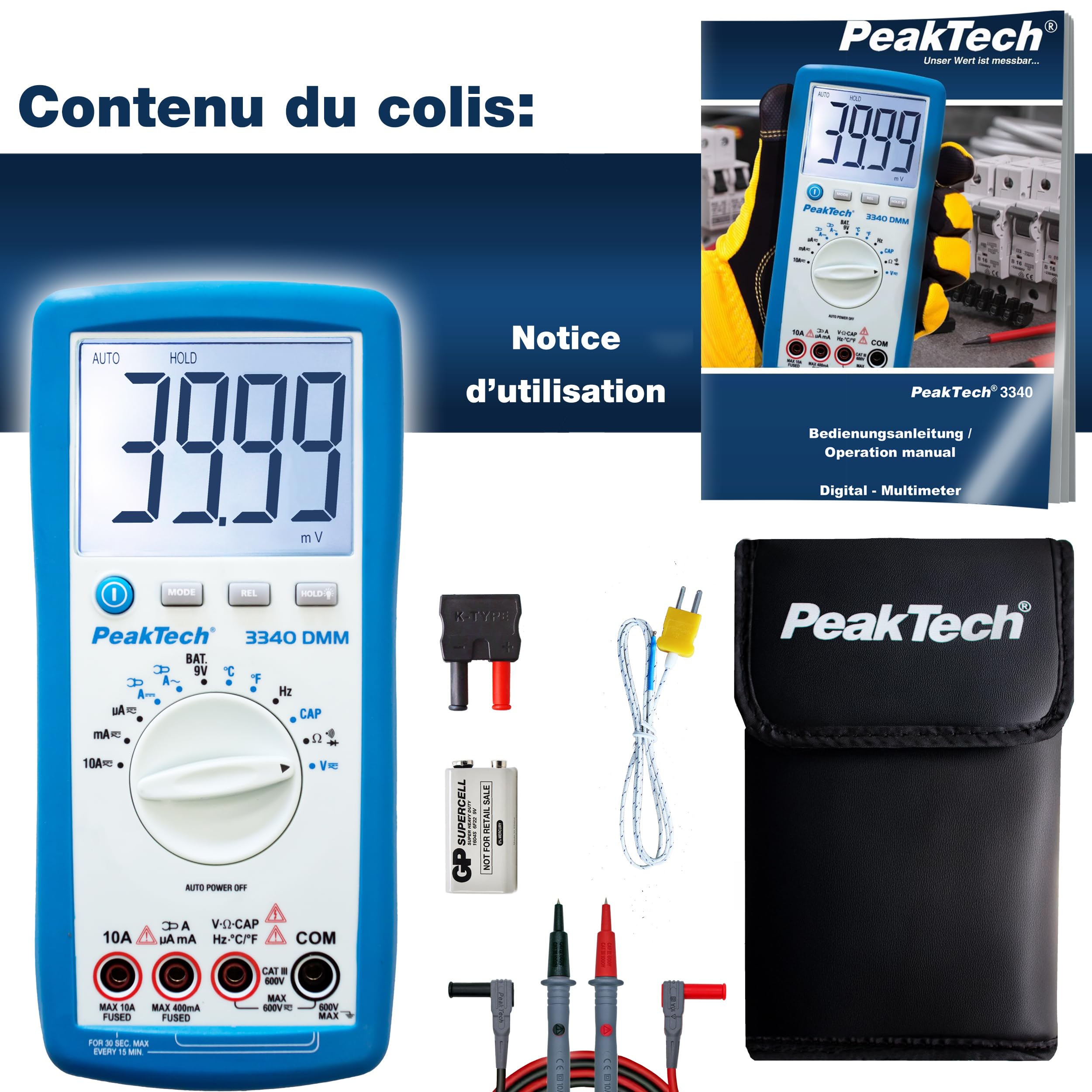 PeakTech 3340 - Multimètre Numérique True RMS avec Écran LCD Extra Large, 4000 counts, Autorange, REL., Data-Hold, Voltmètre, Testeur de Continuité, Instrument de Mesure - CAT III 600 V