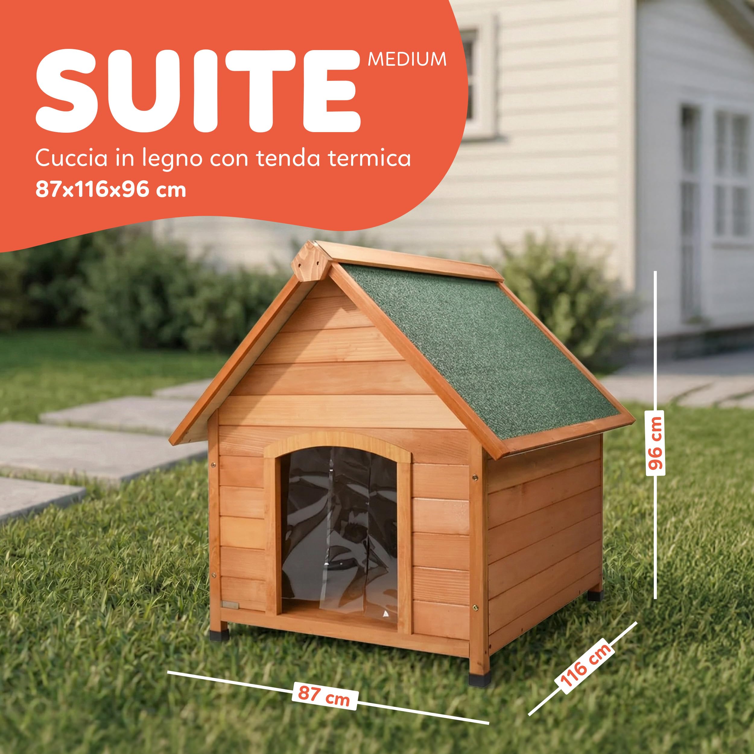 AQPET Cuccia per Cani in Legno M da Esterno con Tetto Spiovente Impermeabile e Tenda Termica, Casetta Cane Isolata per Interno ed Esterno, Resistente alle Intemperie, 87x116x96h cm