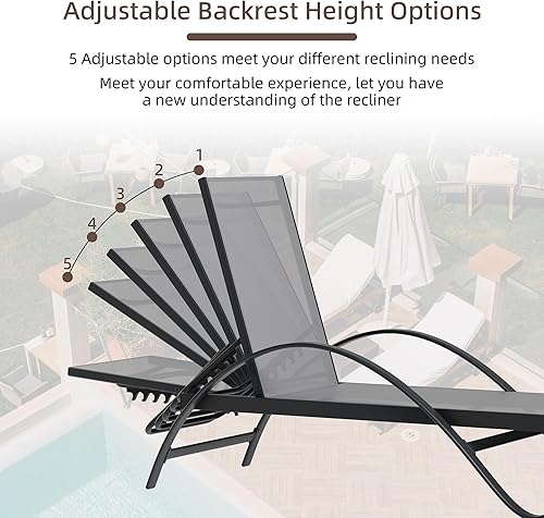 Miniatura 5 de Shintenchi Juego de 2 tumbonas para patio, tumbona de piscina con brazo, silla de salón al aire libre con 5 respaldos ajustables, sillón reclinable