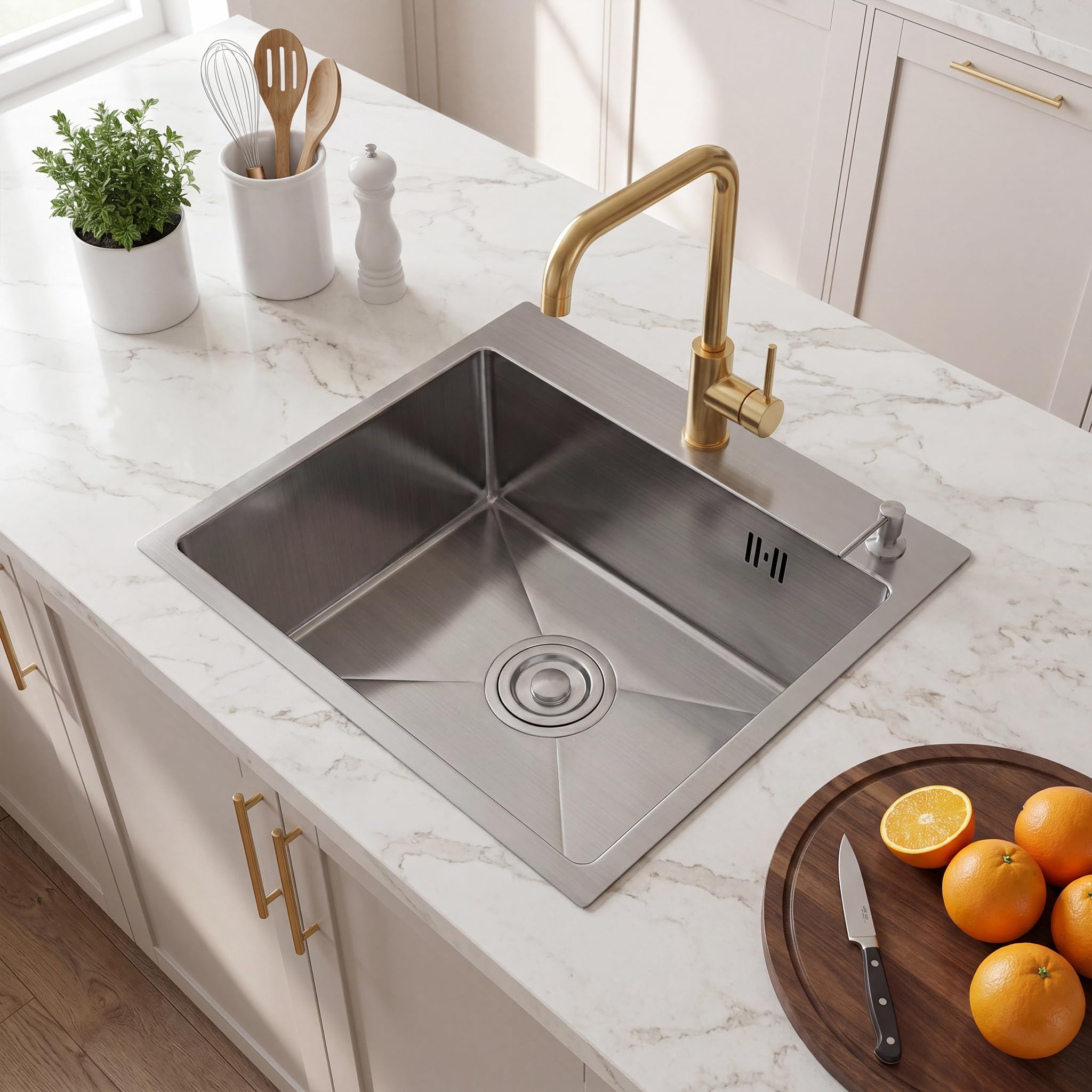 Fregadero Cocina 50x45 cm, STANEW Fregadero Cocina 1 Seno,Fregadero Inox con Dispensador de Jabón y Sifón，Sobre Encimera,Adecuado para Cocinas Pequeñas y Autocaravanas.