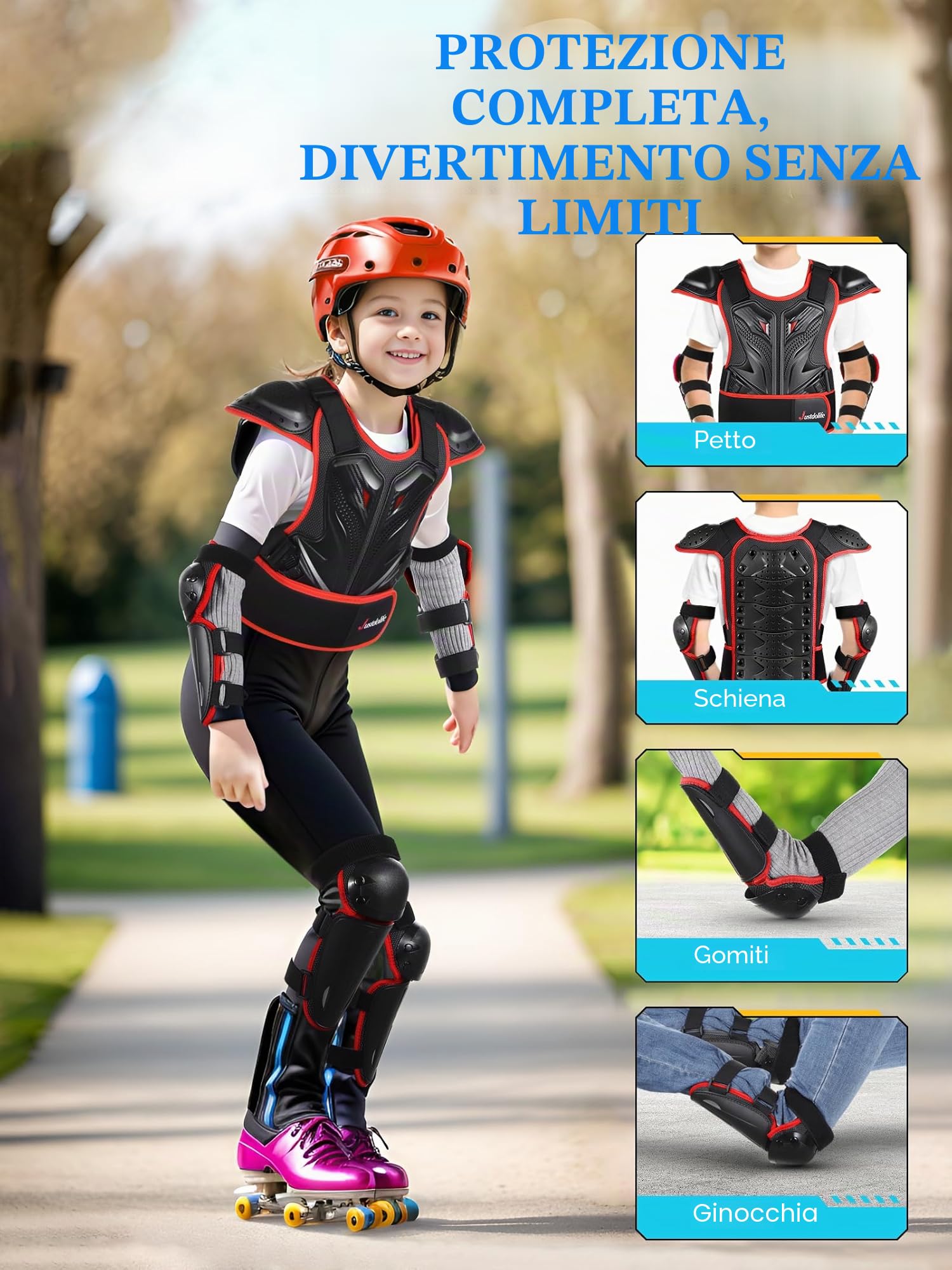 Armatura Moto per Bambini - JUSTDOLIFE Protettore Motocross a Guscio Spesso per Giovani Adolescenti con Protezioni per Ginocchia Gomiti Braccia e Spalle per Ciclismo Fuoristrada sci (Nero-Rosso)