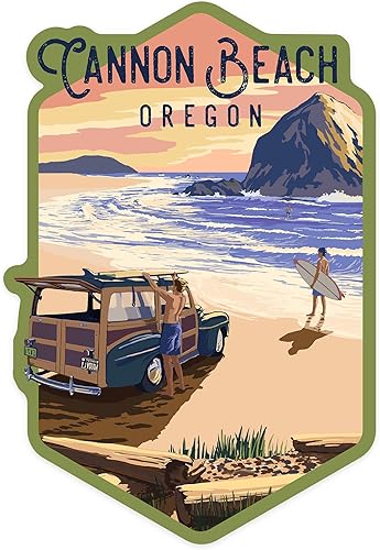 Adhesivo troquelado Cannon Beach, Oregon, Woody y Haystack Rock, adhesivo de vinilo de contorno de 1 a 3 pulgadas (calcomanía impermeable para