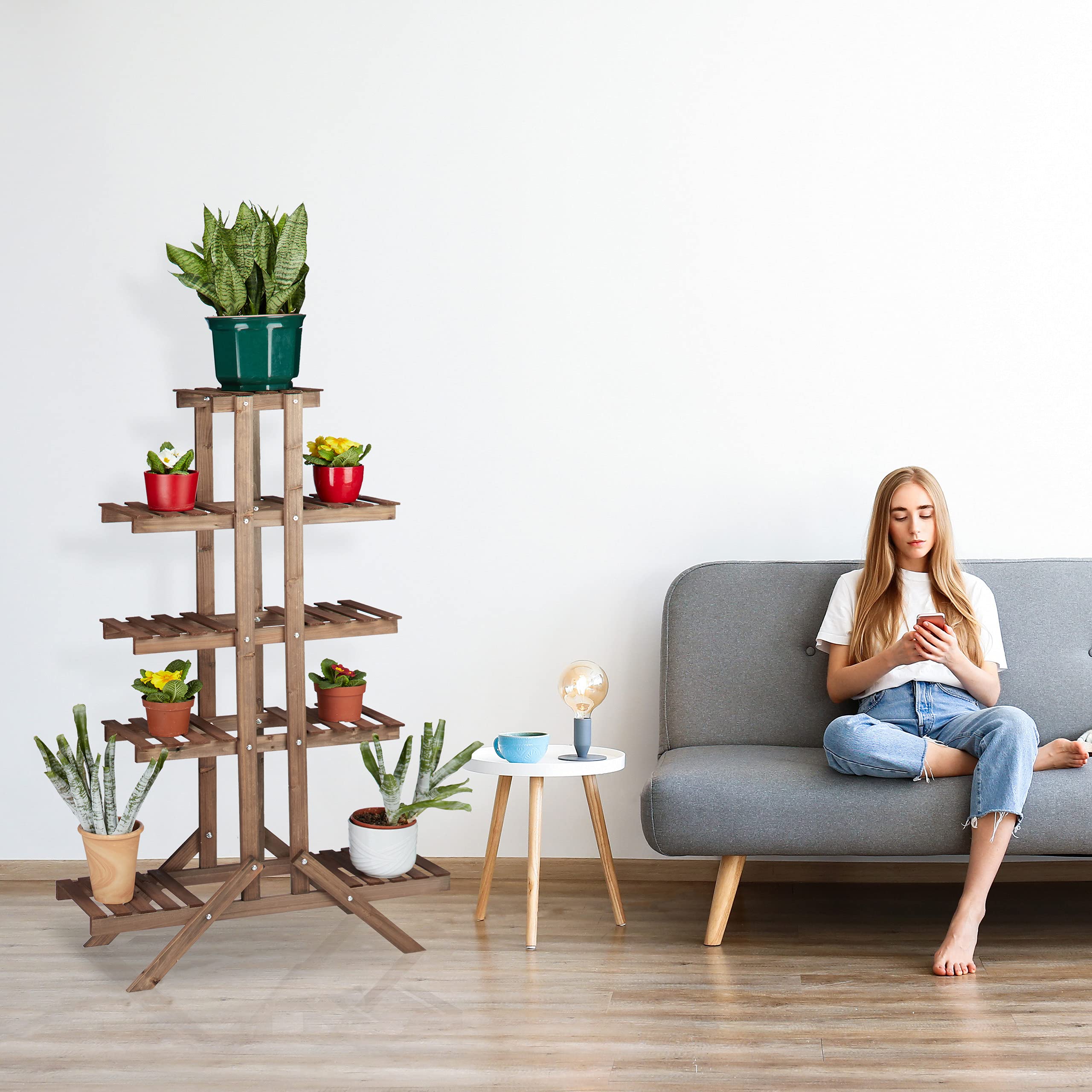 Relaxdays Soporte Plantas para Interior 5 Niveles, Madera, Marrón claro, 142,5 x 83 x 28,5 cm