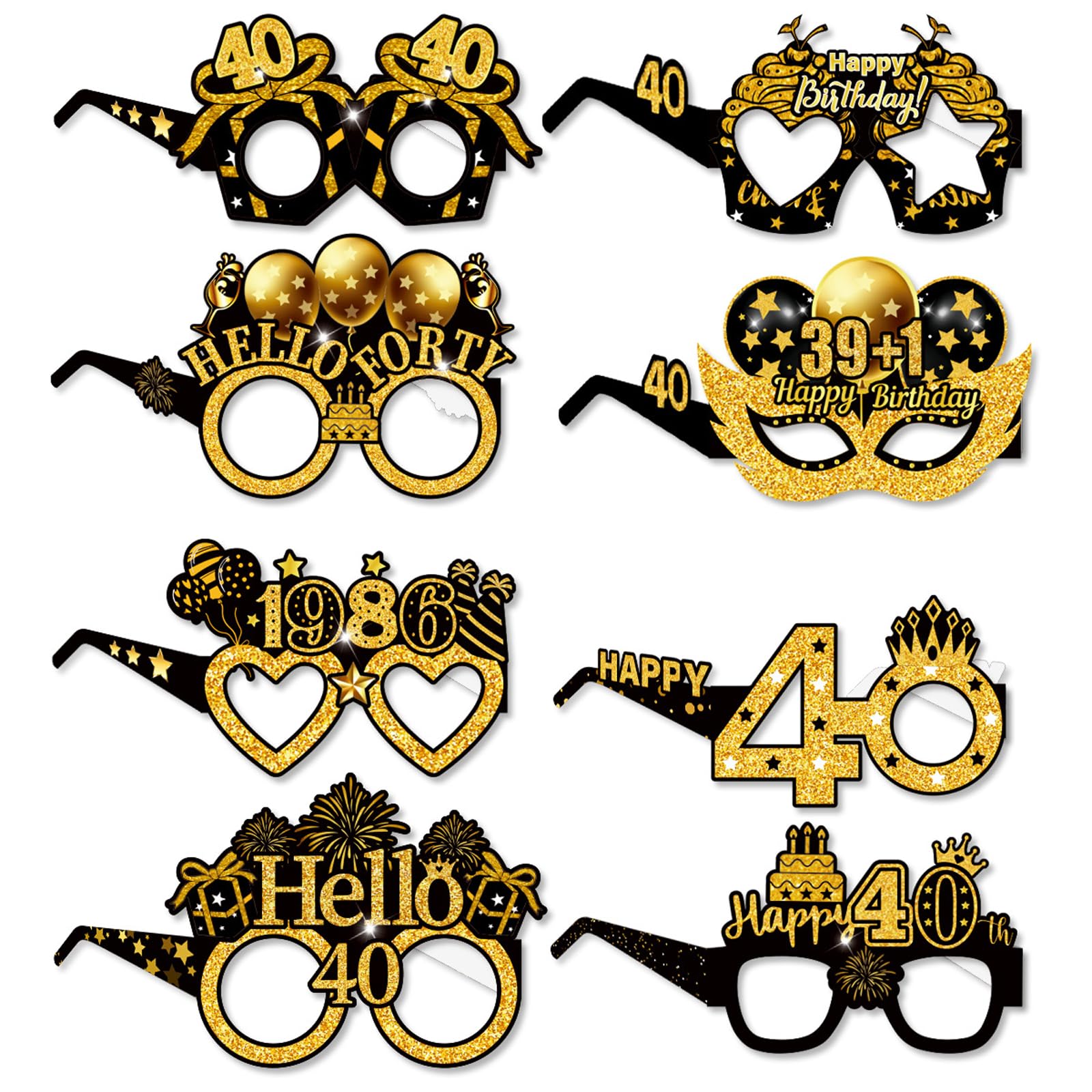 40th Birthday Glasses, Happy Birthday Decoration for Photo Booth, 8 Pcs