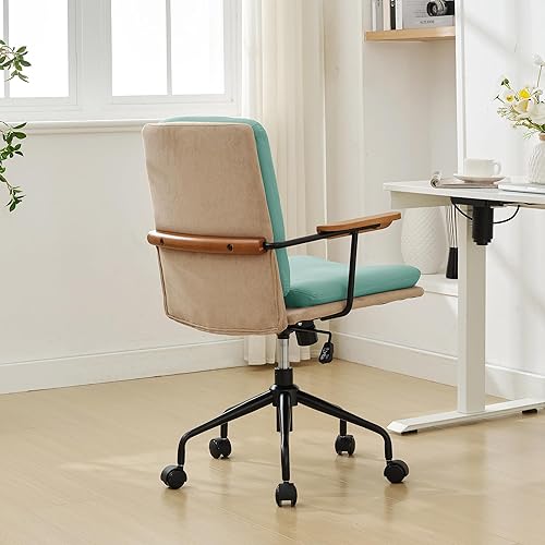 Miniatura 6 de Okeysen Silla de oficina moderna de mediados de siglo, silla de escritorio de cuero moderna con reposabrazos de madera y soporte lumbar, sillas de