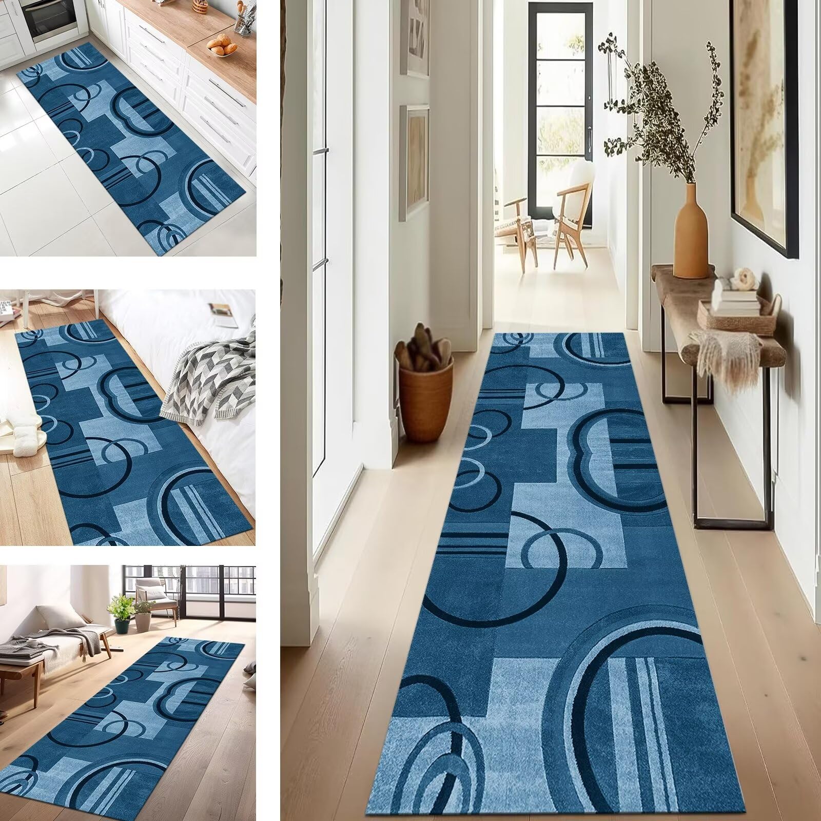 Tapis de couloir antidérapant et lavable grand confort bleu 120x150 cm