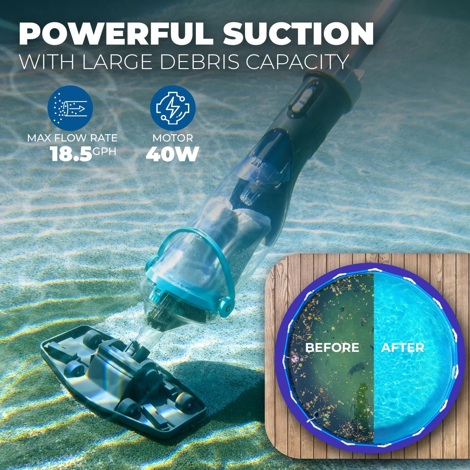XtremepowerUS Cordless Handheld Cleaner 40W, 18.5 GPM Rechargeable Pool Vacuum, Telescopic Pole, 4 Filter Bags, for Above Ground & In-Ground Pools