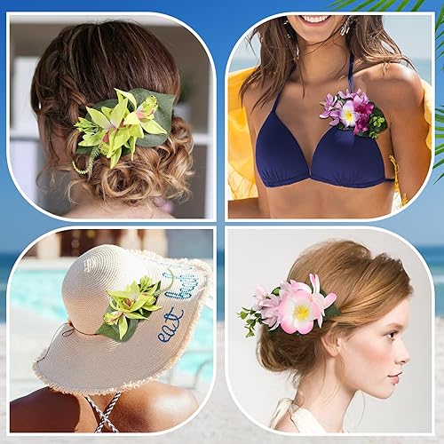 Miniatura 6 de HAIMEIKANG 3 pinzas para el cabello de flores hawaianas, horquillas artificiales tropicales para el cabello, flores grandes para mujeres, accesorios