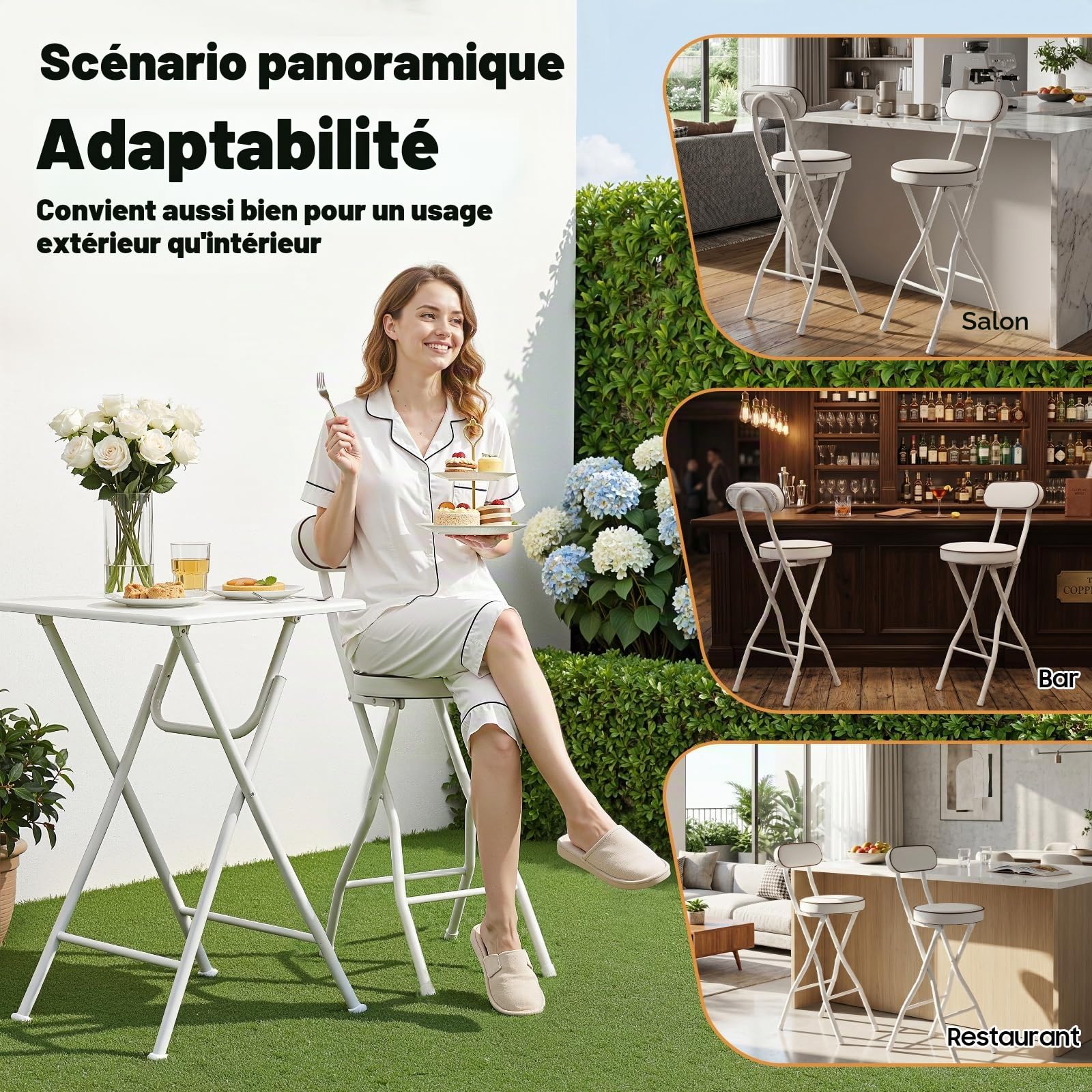Lot de 2 tabourets de bar pliables avec dossier - Portable - Pour l'extérieur - Chaise haute rembourrée - Tabouret pliable - Blanc