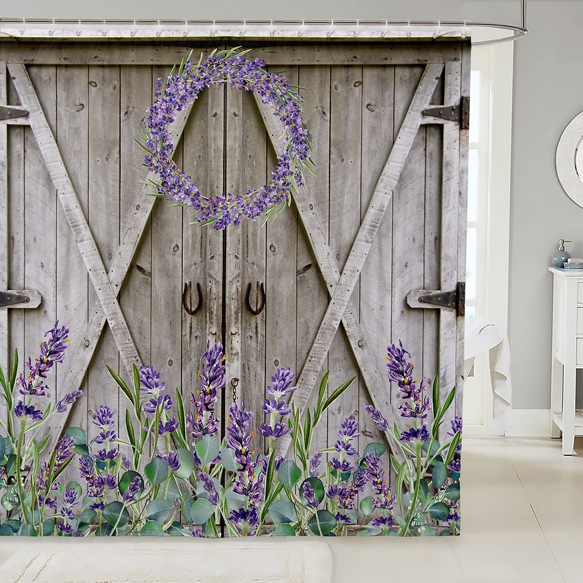 RnnJoile Lavendel Duschvorhang 183x183 Cm – Lila-graues Bauernhaus-Design, Wasserdicht, Mit 12 Haken