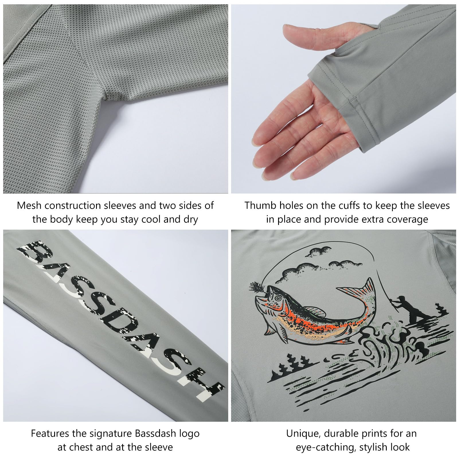 Bassdash Maglia Anti UV da Uomo Maglietta Maniche Lunghe Camicie Grafiche UPF 50+ Camicia da Pesca Assorbimento dell'umidità