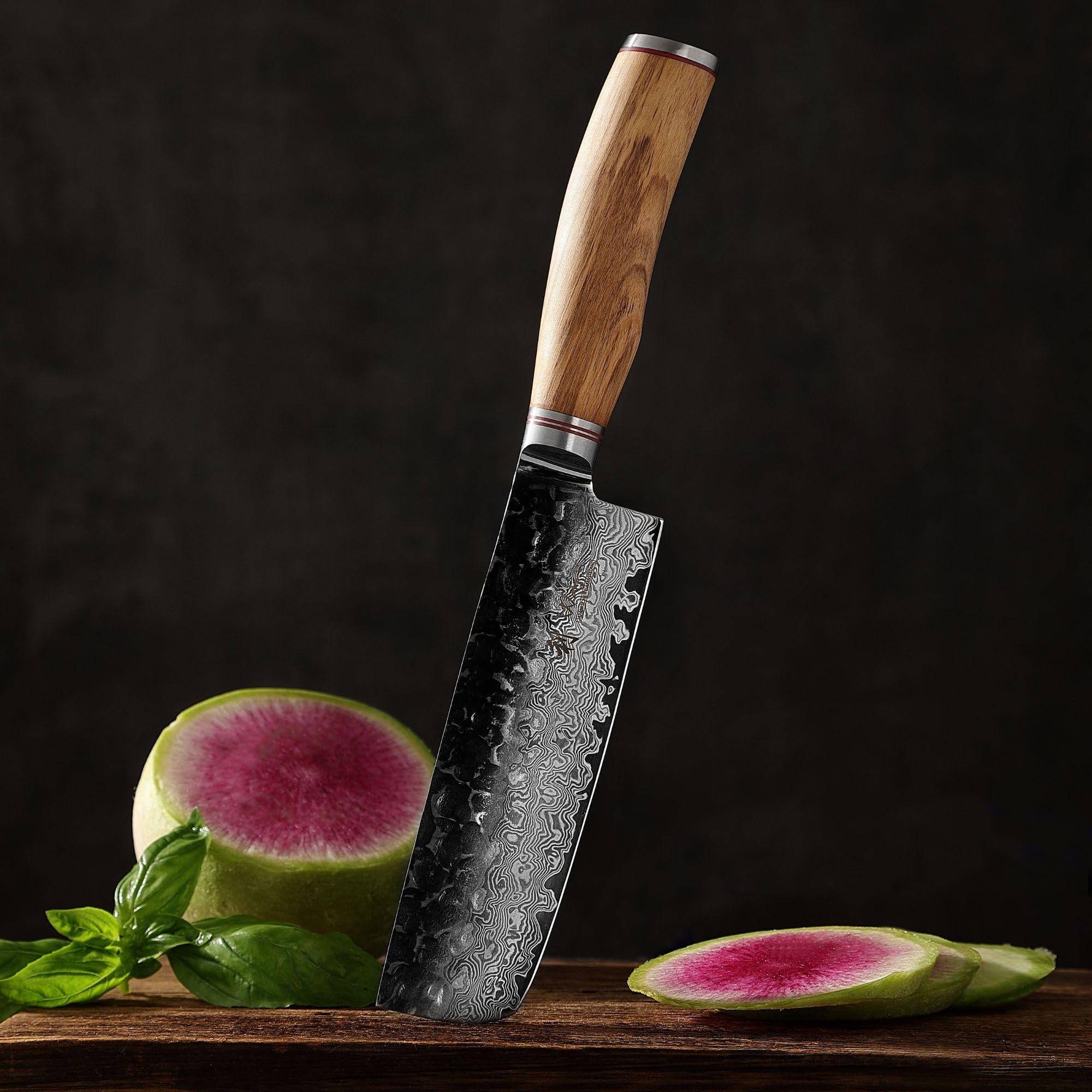 WAKOLI Couteau Nakiri de Cuisine en Damas, 17,5 cm, Manche en Olivier