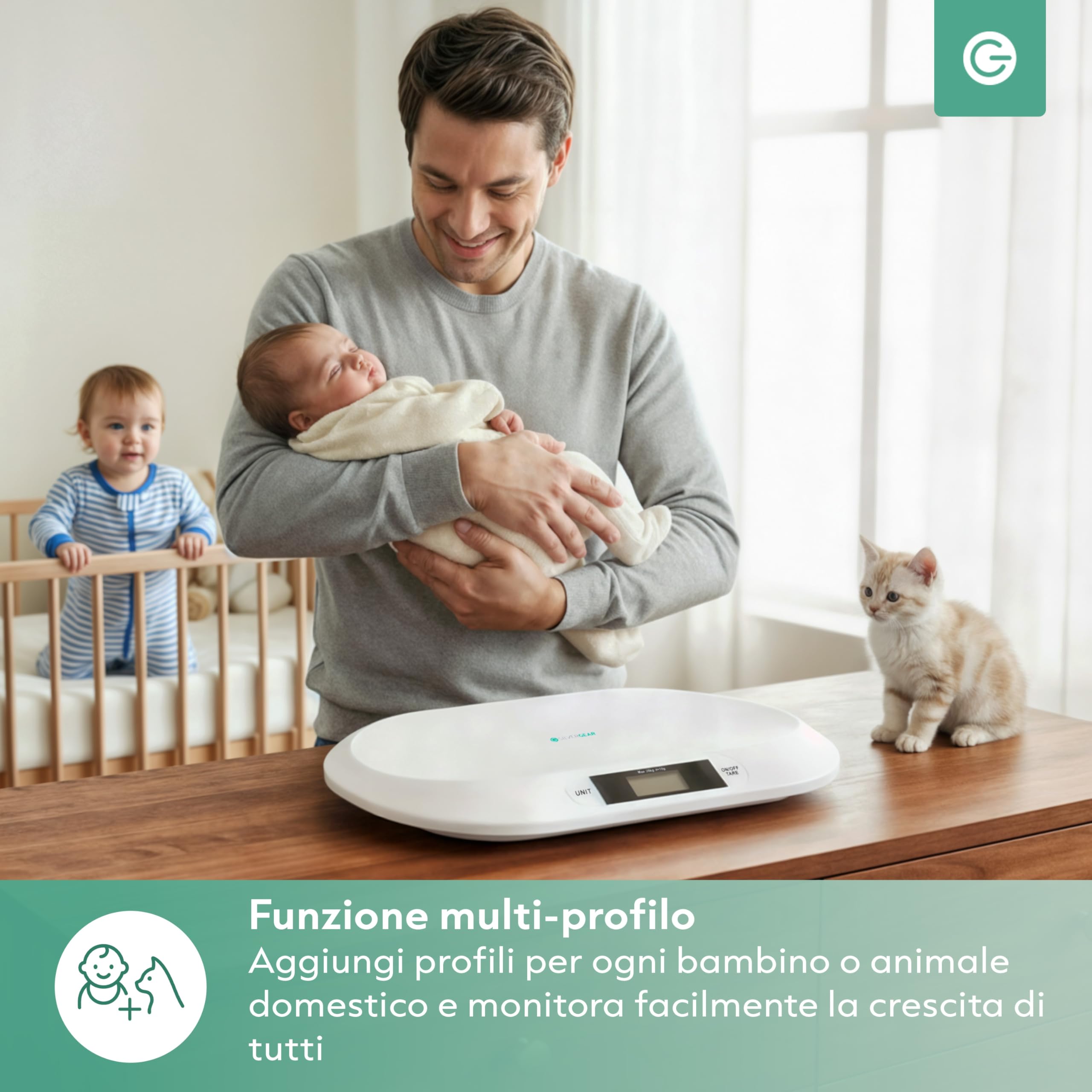 Silvergear Bilancia intelligente per neonati con Bluetooth, bilancia digitale con app per neonati, bambini, animali domestici, misurazione precisa fino a 20 kg, app Smart Life, 54,5 x 31,5 x 2,7 cm