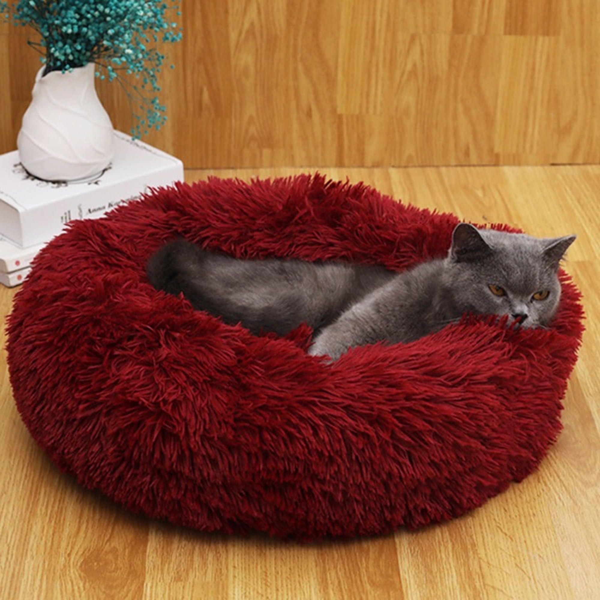 ZEXSAZONE Round Donut Pet Bed for Cats and Puppies Dogs, Cozy and Plush, Raised Bedside Support, Both Sides Use Like 2 in One, Washable, Sizes for Small, Medium, & Large Pets. (Small, Maroon)