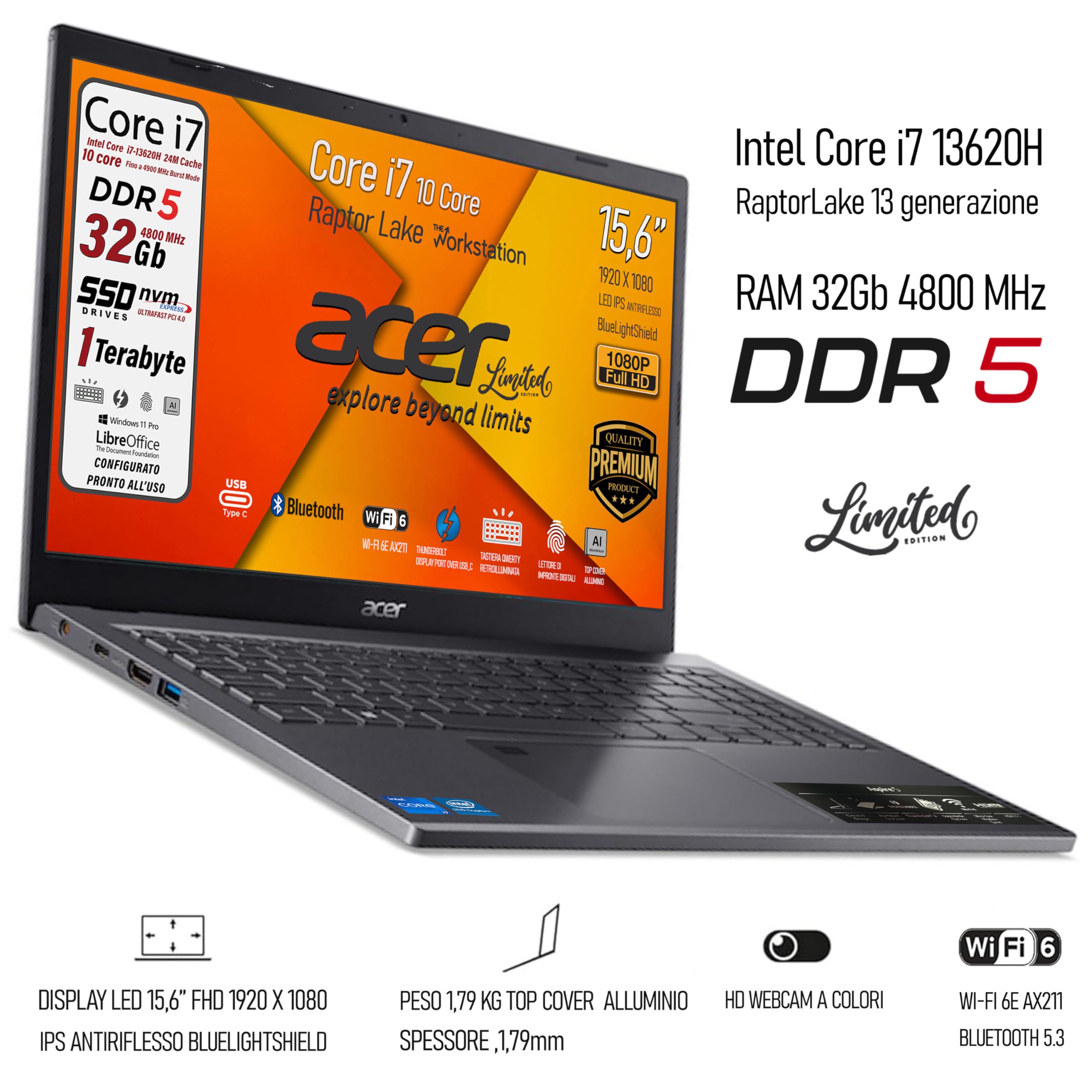 acer, Notebook Intel Core i7-13620H, Raptor Lake, Ram DDR5 32Gb, SSD Pcie 1Tb, Display 15,6" FHD IPS BlueLightShiled, Tastiera retroilluminata, fingerprint, thunderbolt, Win 11Pro, pronto all'uso