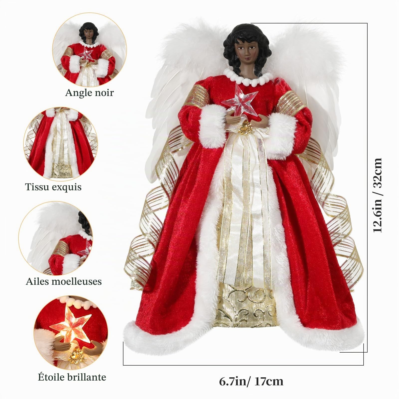 Lewondr Ange Noir de la Cime du Sapin de Noël, 12" Cimier d'Arbre de Noël Ange avec 8 Modes de Lumière, Figurine d'Ange avec Aile, Décoration de l'Arbre de Noël avec Minuterie 6H pour la Maison, Rouge