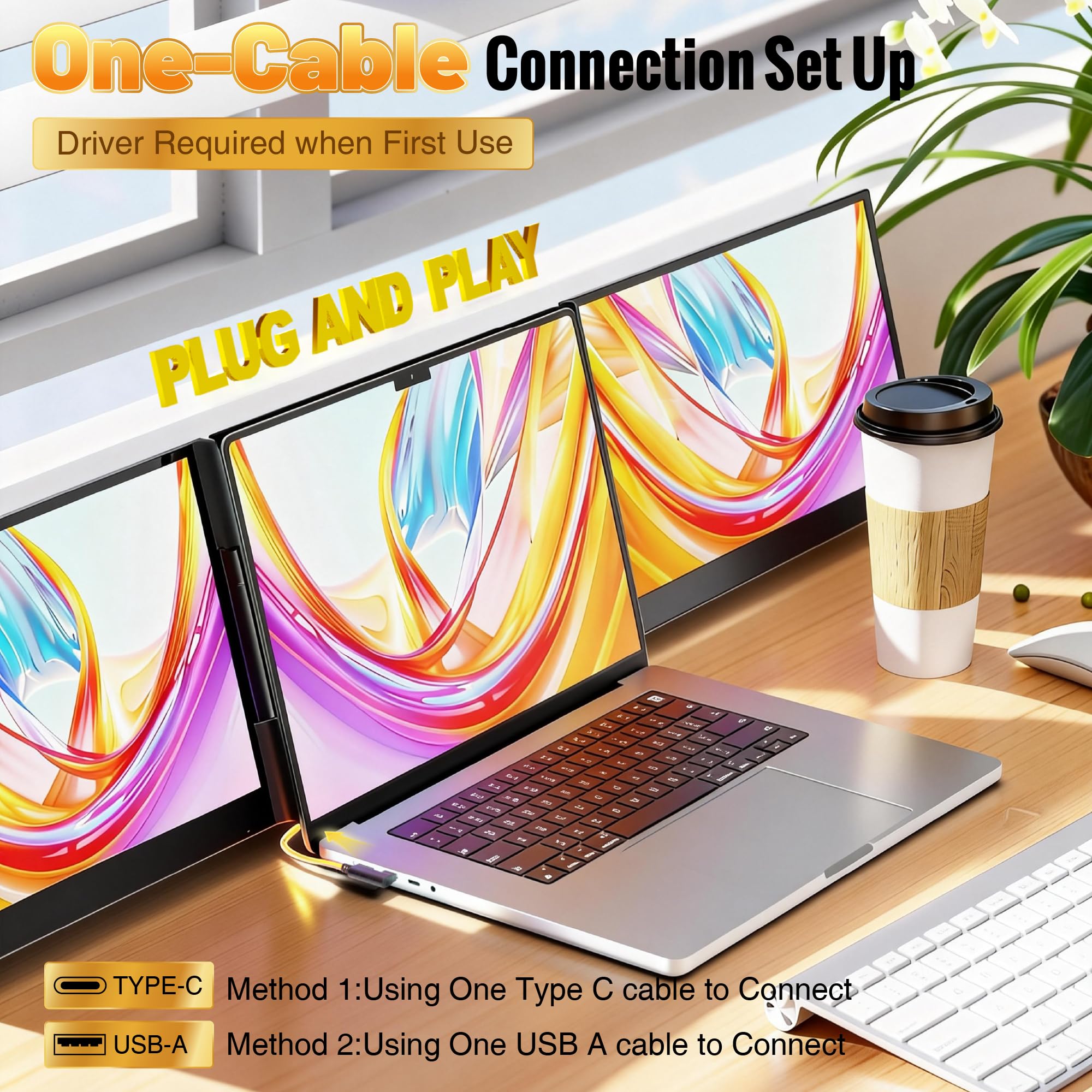 Cybotioe 2026 New One Cable Connection Laptop Screen Extender Monitor Portable, Ultra Thin 15.6" 1080P FHD Triple Screen,Fit for 13-17" Laptop, Plug & Play Compatiable with Win/Mac/Chrome/Android — view 7