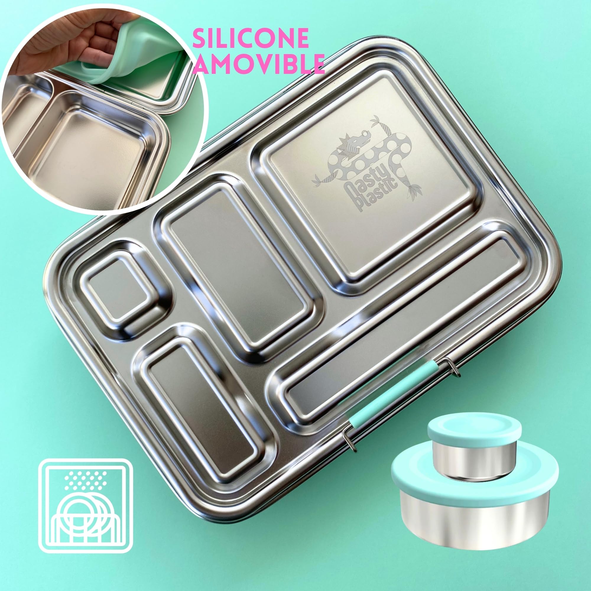 Boîte repas enfant en acier inoxydable avec 5 compartiments, 2 pots hermétiques et autocollants réutilisables, sans BPA, pour l’école