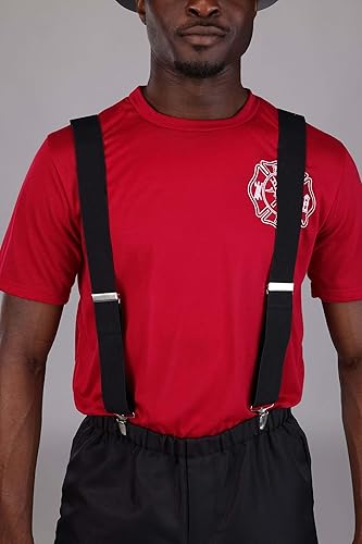 Miniatura 6 de Disfraz de bombero para adultos con tirantes negros, pantalones, camisa y casco Uniforme de capitán de bomberos de Halloween
