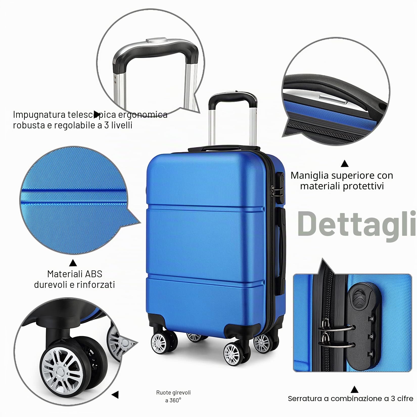 KONO Valigia 50.8 cm da Viaggio a Mano Trolley Bagaglio a Mano Valigie Guscio Rigido Borsa da Viaggio Leggera, Marina Militare, S(55cm 33L)