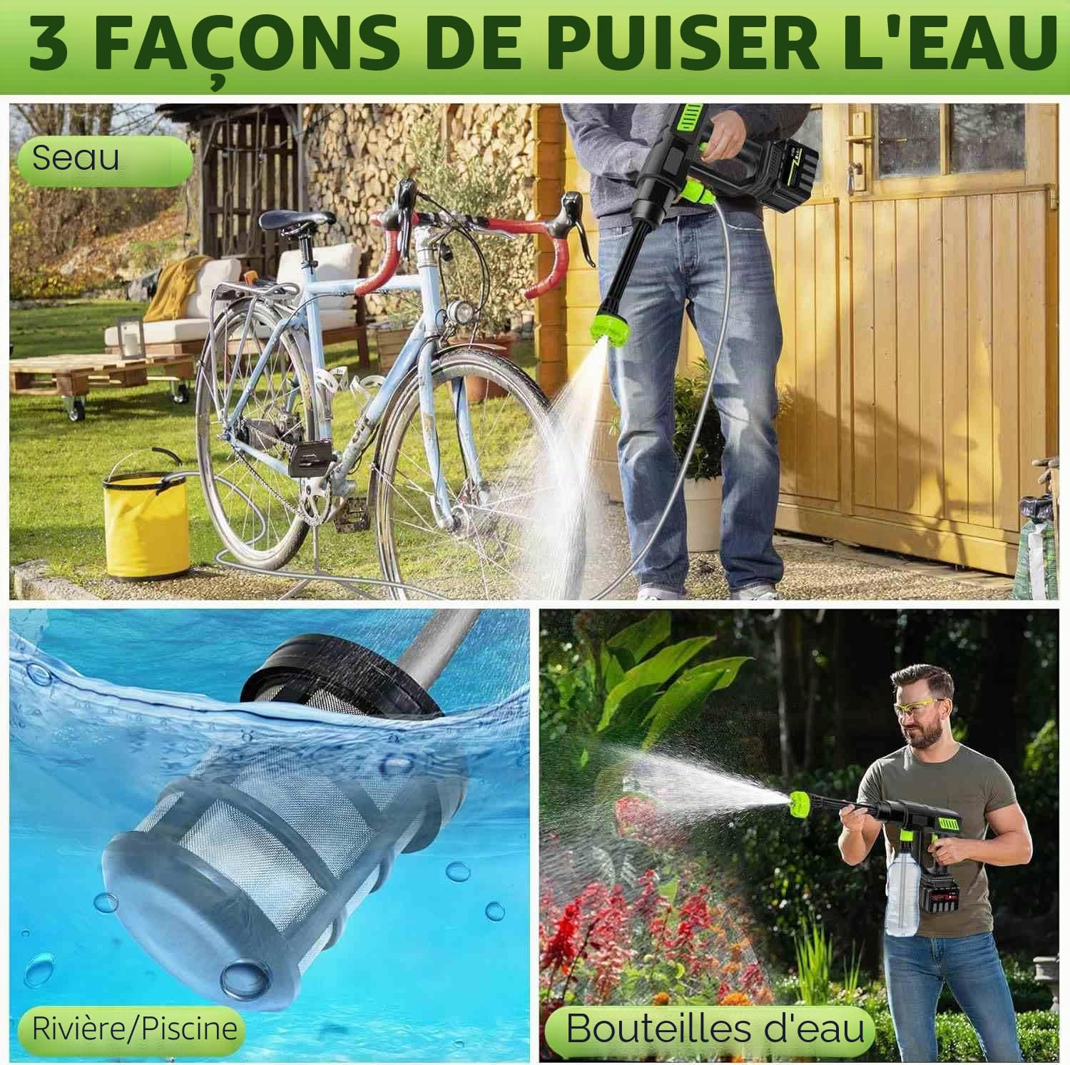 Nettoyeur Haute Pression sans Fil, 980 PSI / 120 Bar - Portable avec Pompe d'Aspiration - 6 en 1 Buses & Détergent - pour Voiture, Terrasse, Jardin (5m Tuyau) (A-2 Batterie)