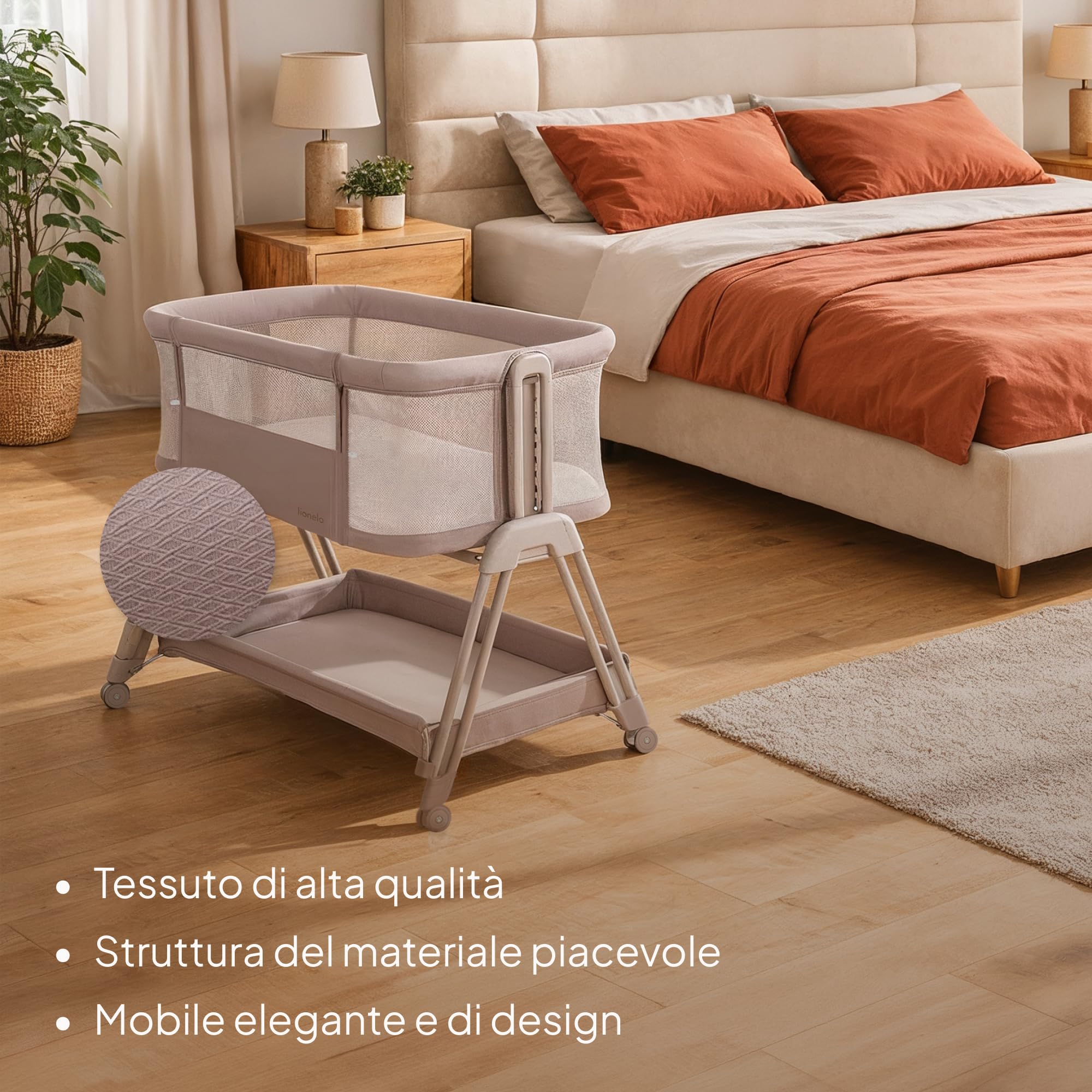 lionelo LUNA lettino portatile con materasso, co-sleeping, da neonato a 9kg, altezza e inclinazione regolabili, 4 ruote con blocco, fissaggio al letto dei genitori, arioso lettino da affiancare