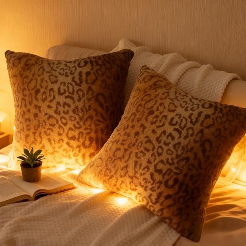 Miniatura 4 de Almohadas Decorativas de Piel Sintética, Juego de 2 Fundas de Almohadas Cuadradas Decorativas para Sofá, 20x20 pulgadas Estampado de Leopardo