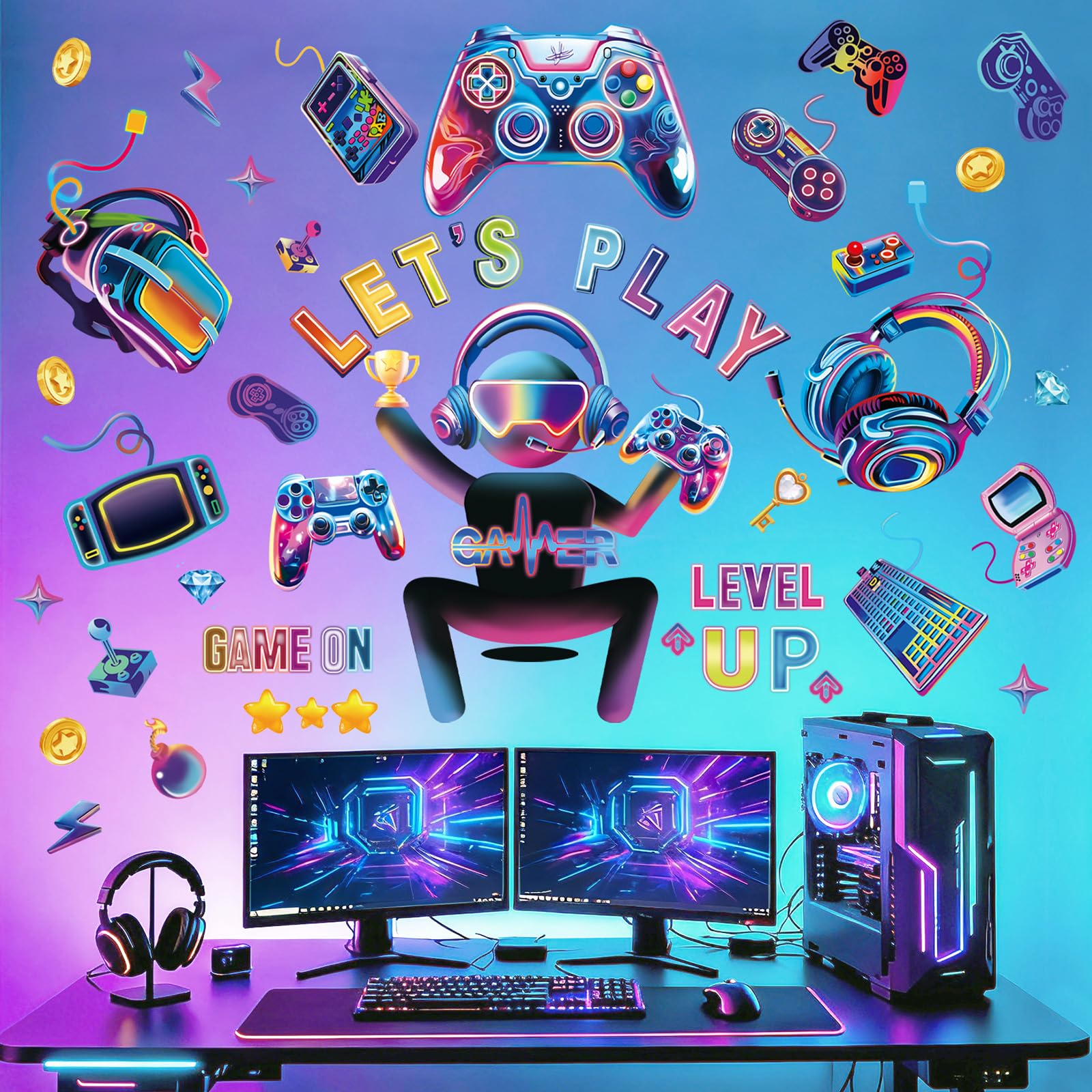 wondever Gamer Wall Stickers Gamer Controller Video Gaming Joystick Peel and Stick Wall Art Decals for Teenagers Boy Bedroom Playroom
