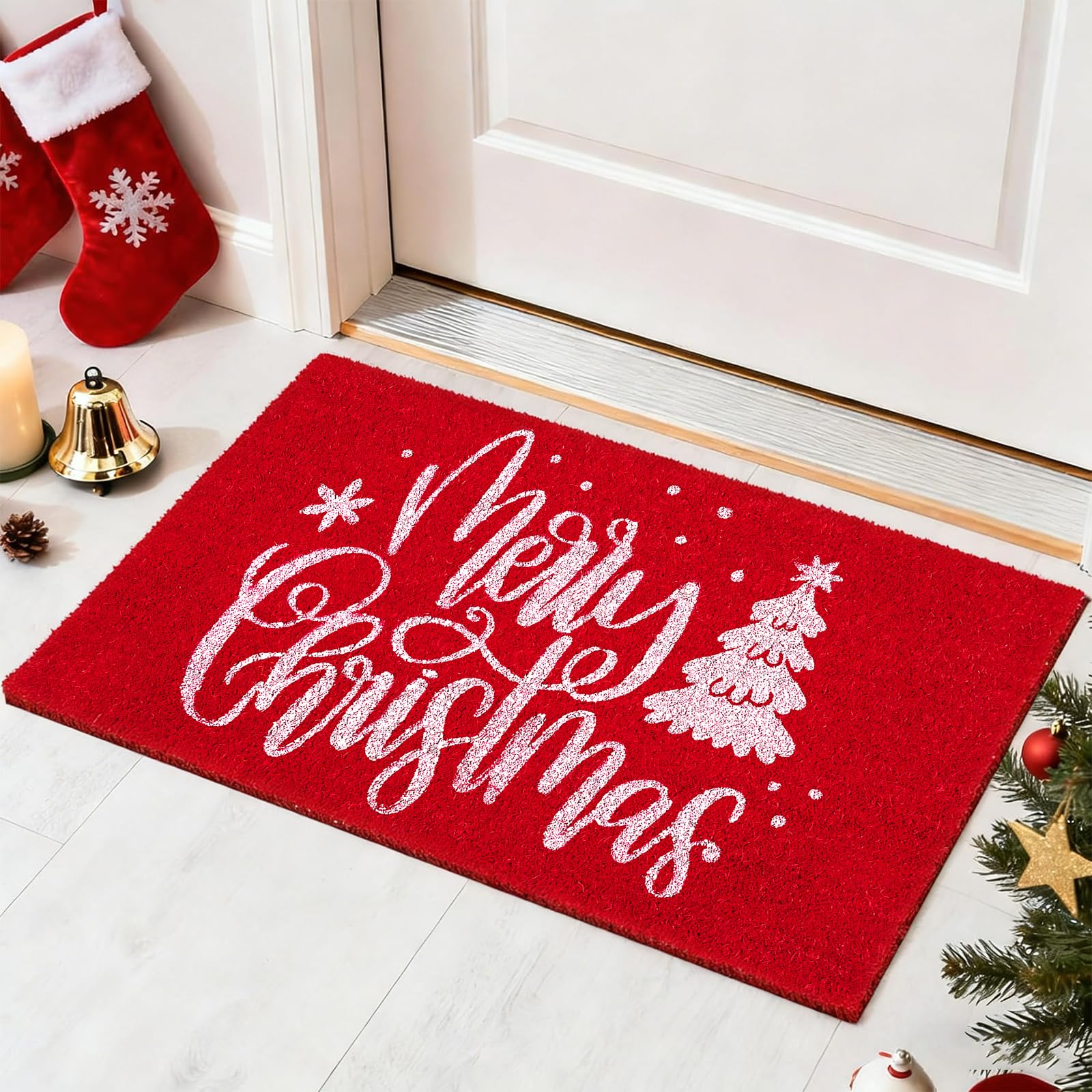 AnyDesign Frohe Weihnachten Fußmatten Natürliche Kokosfaser Fußmatte Rot Weiß Rutschfeste Bodenmatten Weihnachtsbaum Gedruckt Dekorative Eingangstür Teppiche für Weihnachten Innen Außen Badezimmer