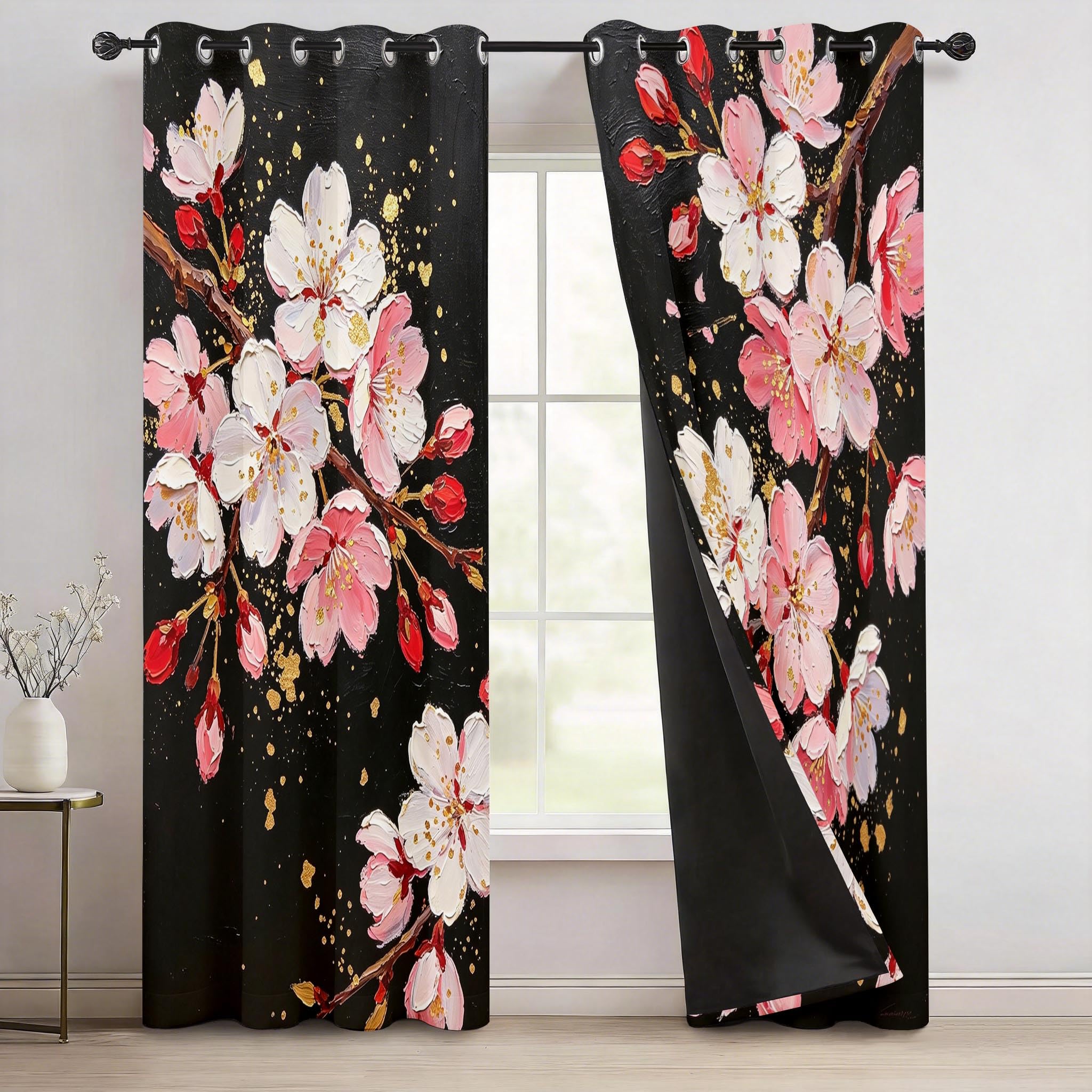 Kirschblüten Vorhänge Blickdicht mit Ösen H 200 x B 100 cm 2er Set
