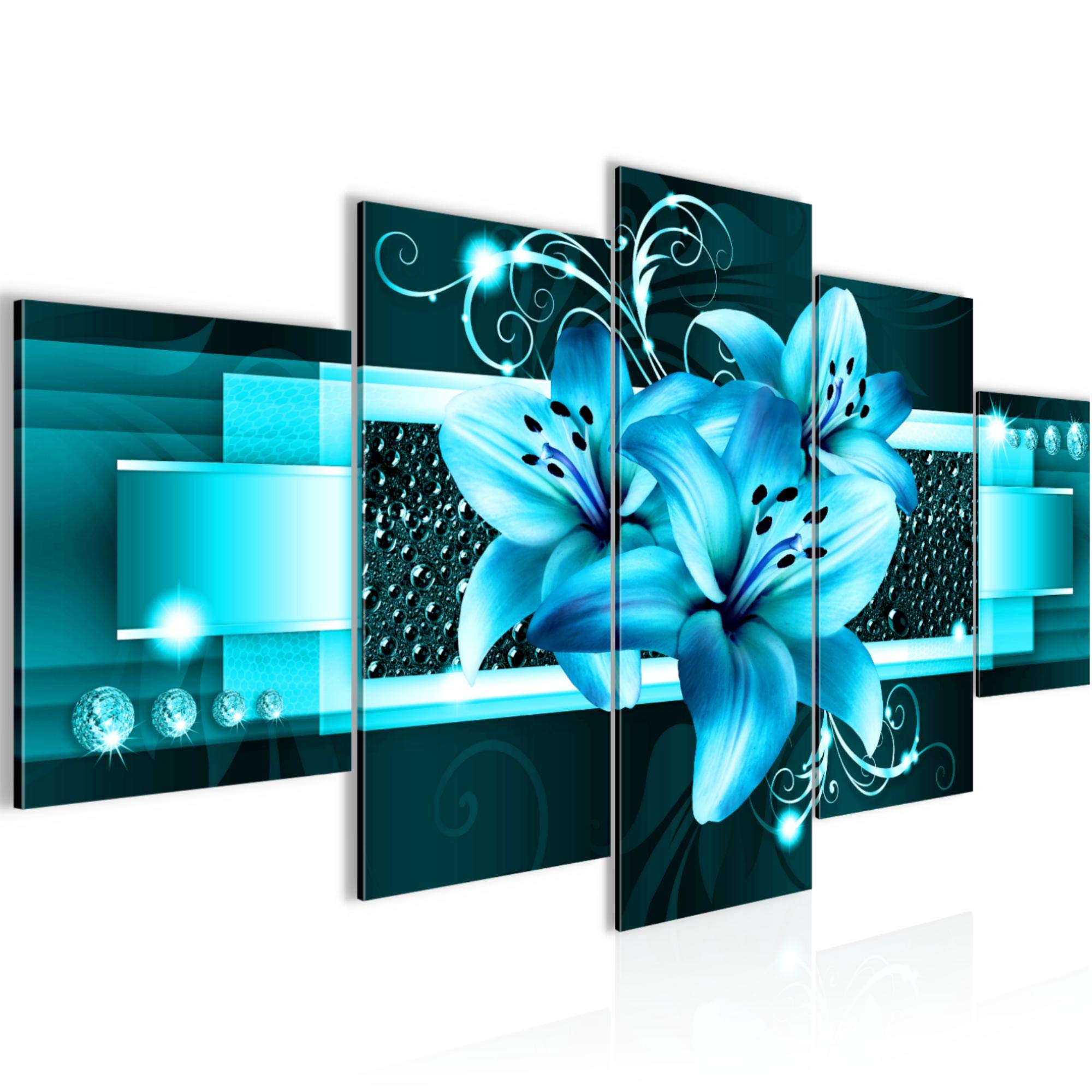 Runa Art A Run Art - Wall Pictures Flowers Lilies 200 X 100 Cm 5 Parts Xxl Wall Rt Non-Woven Canvas Turquoise 008651