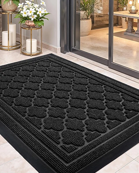 Color&Geometry Front Door Mat Outside Entrance, Heavy Duty Non Slip Low Profile Doormat for Entryway, Trap Dirt and Moisture Welcome Mats All-Weather, Easy Clean, Patio, Garage, 24"x48" Black