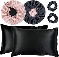 Kit 2 Fronha De Cetim Seda + 2 Toucas + 2 Xuxinhas (Preto/Champagne)