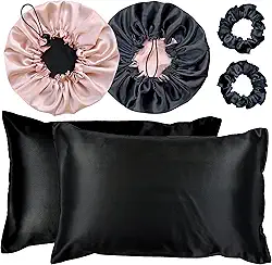 Kit 2 Fronha De Cetim Seda + 2 Toucas + 2 Xuxinhas (Preto/Champagne)