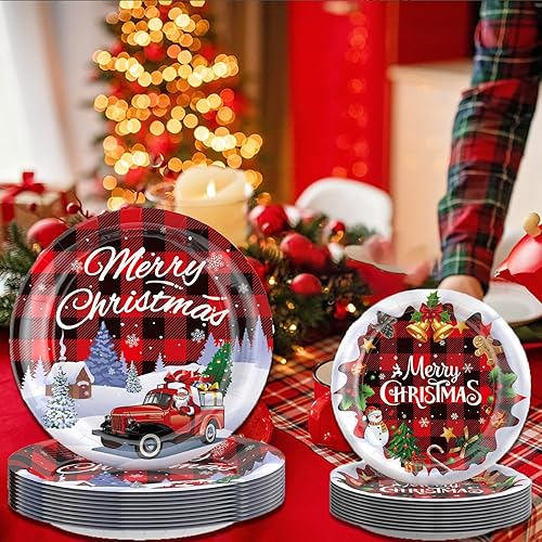 Miniatura 5 de TEMEISI Juego de platos desechables de Navidad, 226 piezas de suministros de fiesta de cumpleaños de Navidad, juego de vajilla desechable (25