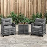 KOTEK 3 Piece Patio Furniture Set, Outdoor PE Rattan Conversation Set with Washable Cushions & Tempered Glass Tabletop, Wicker Chairs and Table Set for Porch, Balcony (Grey)