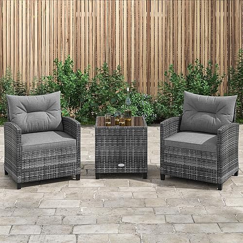 Miniatura 8 de KOTEK Juego de muebles de patio de 3 piezas, juego de conversación de ratán PE para exteriores con cojines lavables y mesa de vidrio templado,