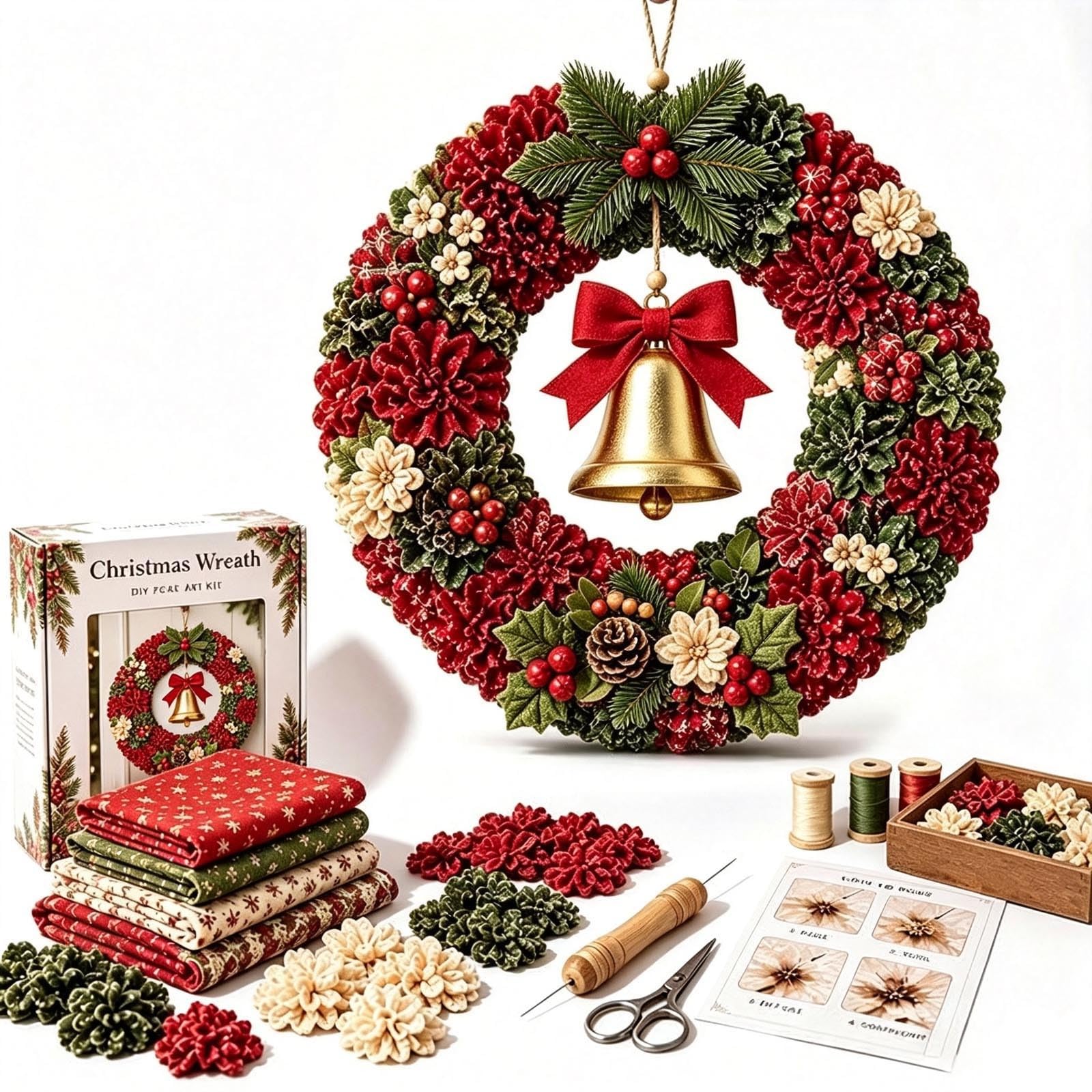3D Fabric Poke Wreath DIY Kit, Christmas Wreath Making Kit for Adults, No-Sew Santa Hand-Craft Decor, Xmas Craft Supplies for Front Door, Wall & Window, Home Handmade Ornament (Christmas bells)