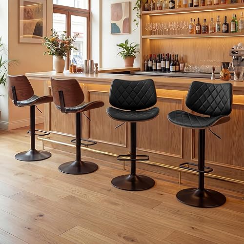 Miniatura 14 de LUNLING Juego de 2 taburetes de bar modernos de mediados de siglo, altura de mostrador, tapizados de cuero negro, sillas de bar giratorias de 360°