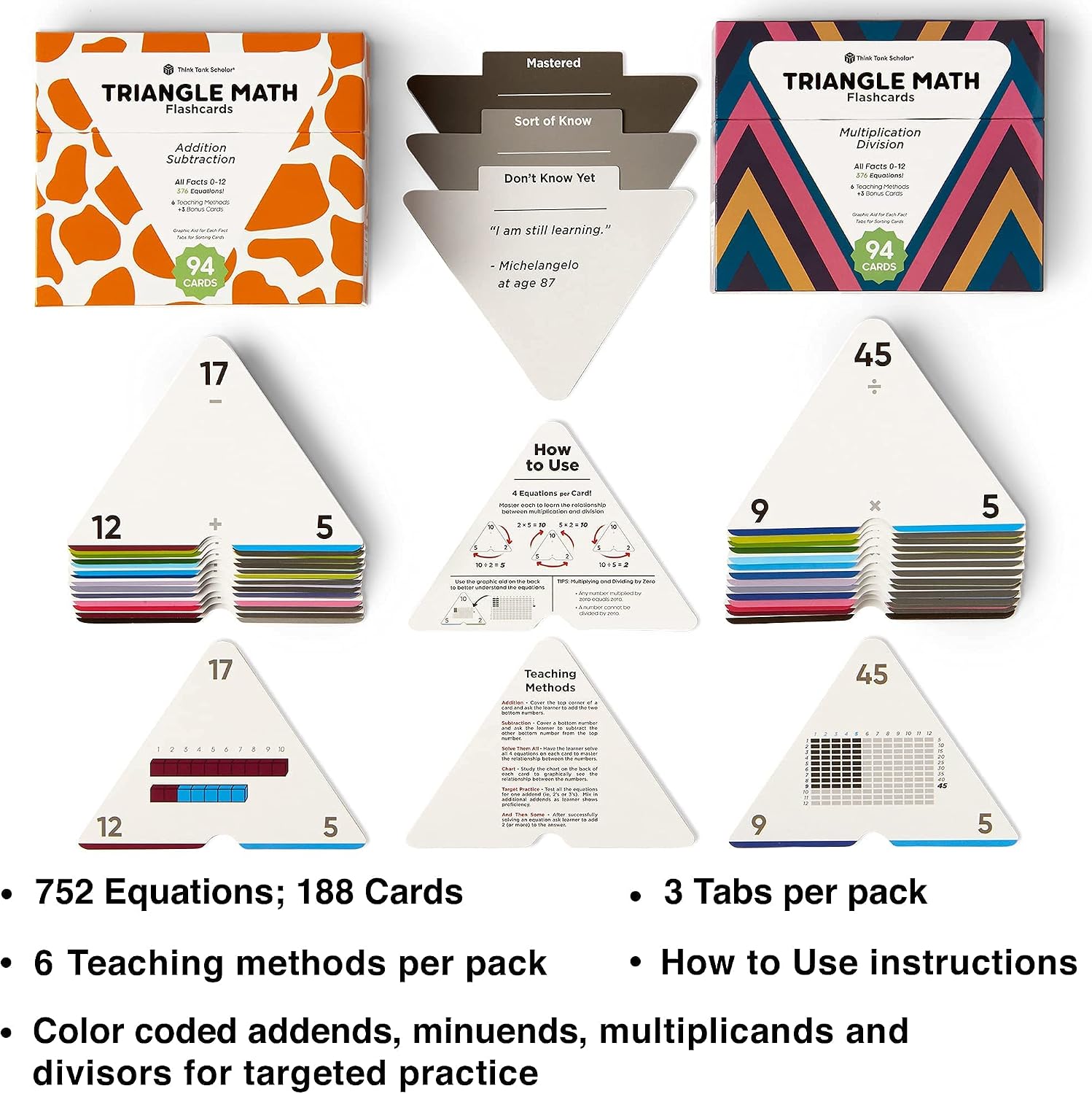 Think Tank Scholar Triangle Math 752 Equations, All Facts 0-12 Box Set Addition, Subtraction, Multiplication, Division Flash Cards: Kindergarten, 1ST, 2ND, 3RD, 4TH, 5TH, 6TH Grade - Has Three Corners