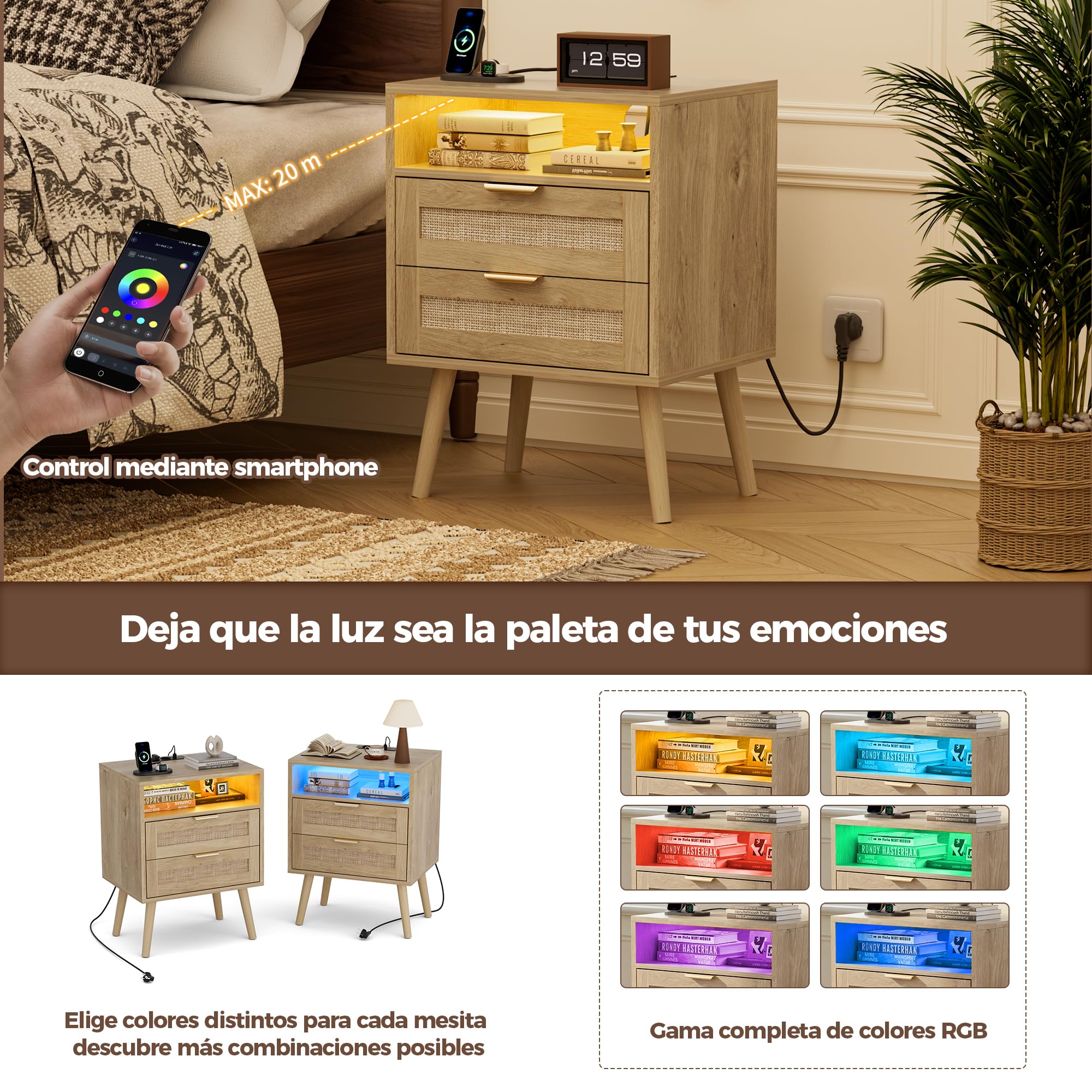 BonVache Mesitas de Noche Pack 2, Luz Regulable en Color, Toma de Corriente integrada y Puertos USB-A y C, Compartimento Abierto y 2 cajones de caña, Patas de Madera Maciza, Estilo ratán Natural