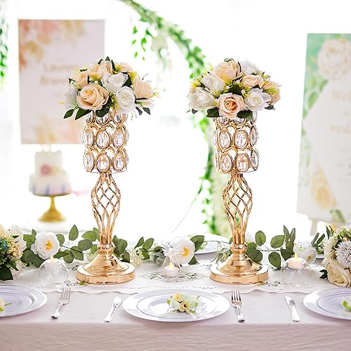 Miniatura 4 de Inweder Jarrones de Flores Dorados para Centros de Mesa 2 Piezas Jarrones Altos de 19.7" para Centros de Mesa con Piedras Brillantes, Piezas