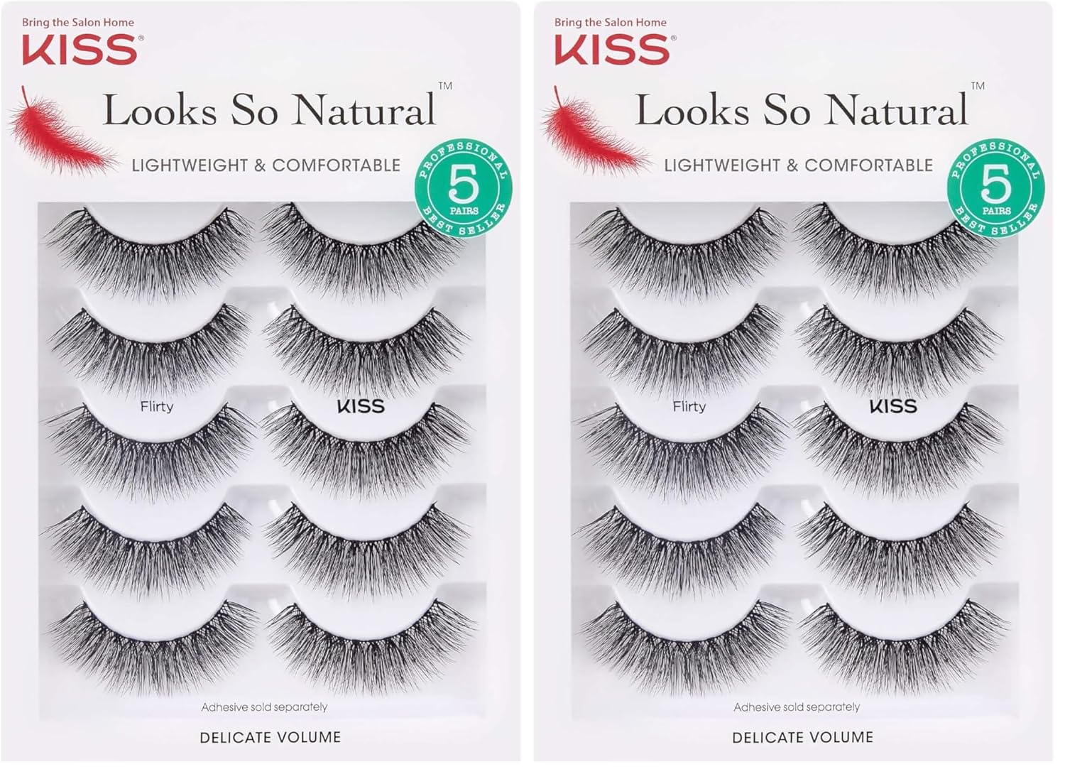 KISS Looks So Natural False Eyelashes Multipack, Lightweight & Comfortable, Tapered End Technology, Reusable, Cruelty-Free, Contact Lens Friendly, Style 'Flirty', 5 Pairs Fake Eyelashes Black