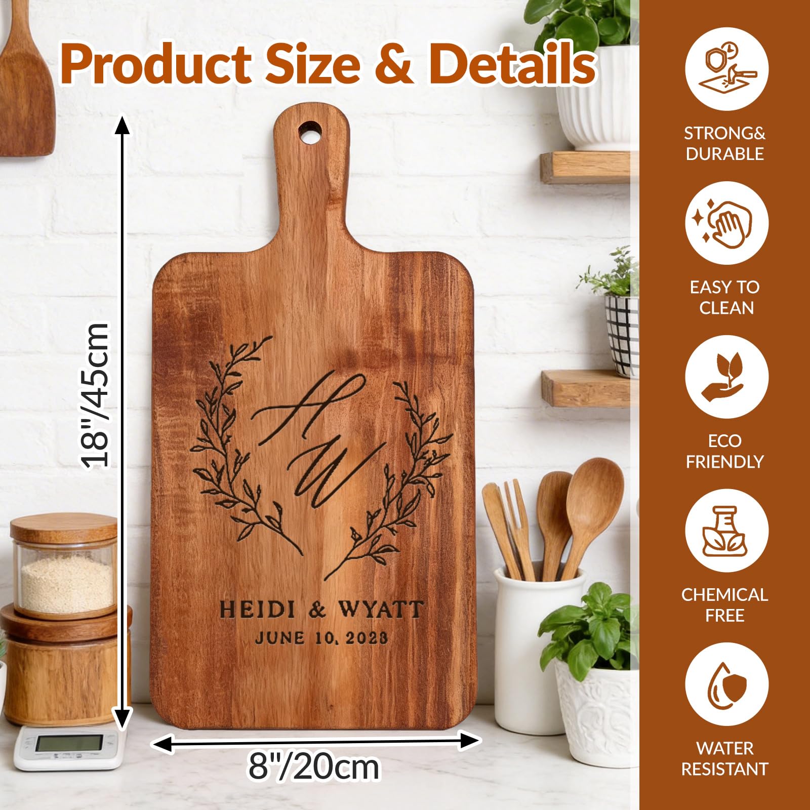 Tabla de cortar de acacia personalizada con asa, tabla de queso con nombre grabado personalizado, para charcutería, carne, pizza, pan, verduras, regalos para mamá, esposa, familia, amigos